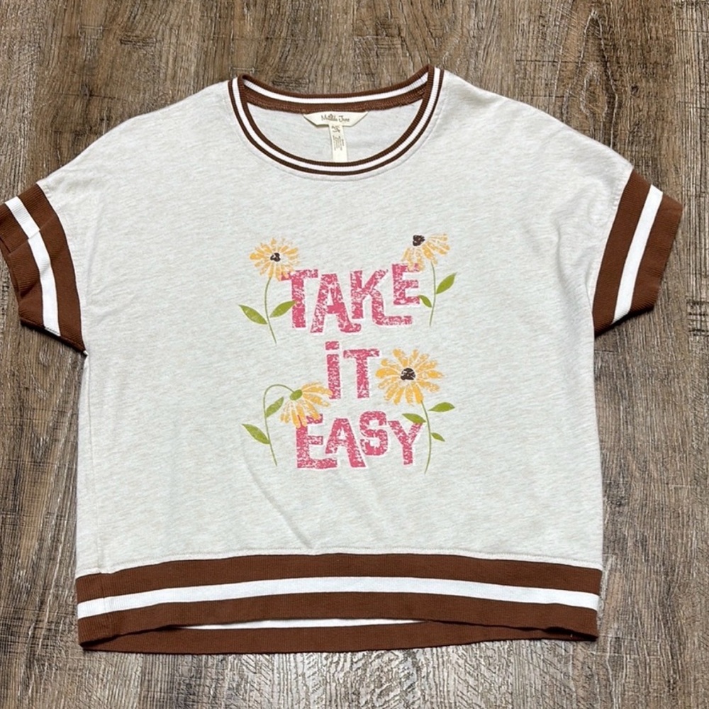Matilda Jane Cream Ringer Tee with Brown Trim and Pink Graphic